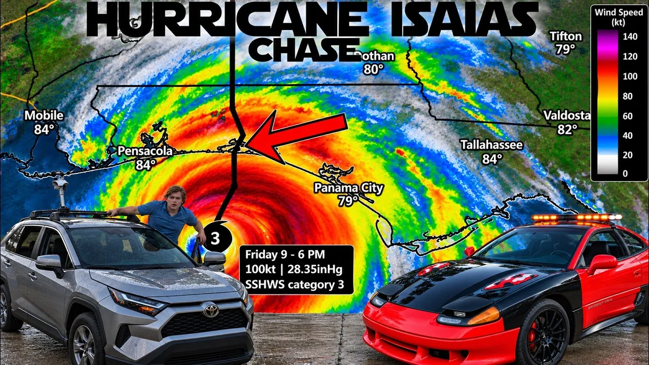 Hurricane Isaias chase video thumbnail: the chase SUV and red car in front of a wind-speed map of the storm